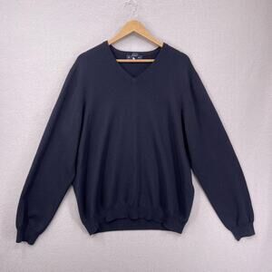 Brooks Brothers Wool Blend Sweater Mens Large Navy Blue V-neck Preppy *flaw